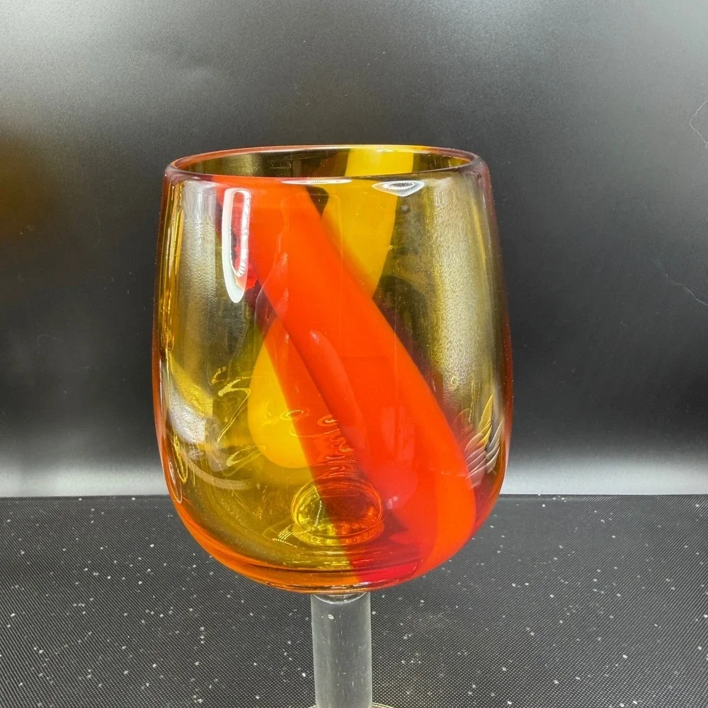 Pier 1 Hand Blown Art‎ Glass Cups Glasses Set of 2 Amber Red Yellow Swirl Stripe